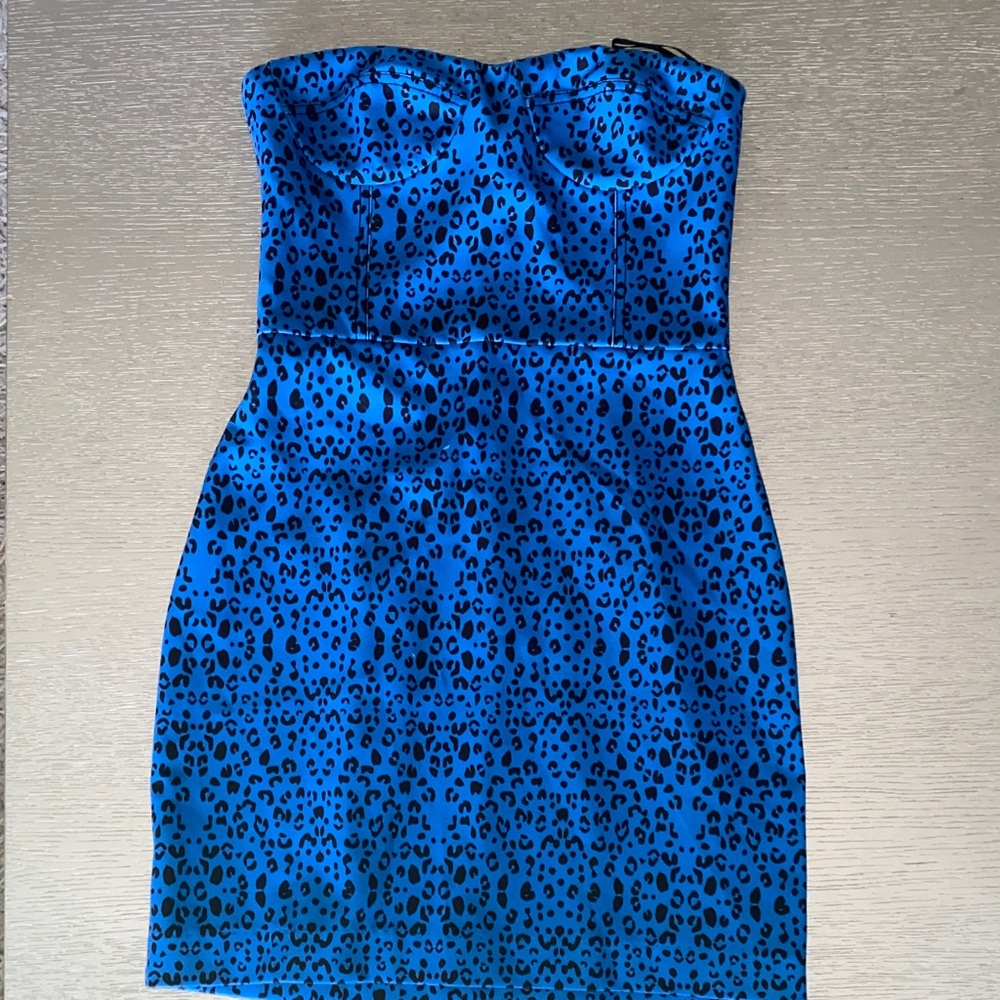 Karina Grimaldi Electric Blue and Black Strapless Leopard Sheath Dress